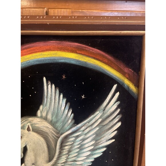 Fantasy unicorn Rainbow Velvet Painting 21 x27" Wood Frame Pegasus Signed - Picture 3 of 16